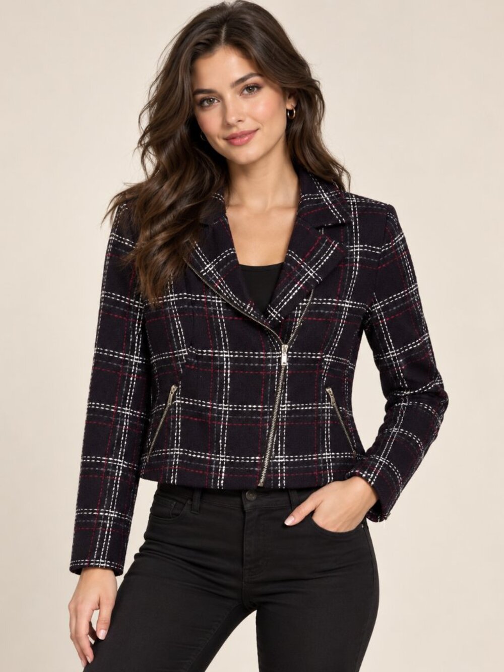 Bandolino Petite 16P Black Pink White Plaid Tweed Moto Jacket Asymmetrical Zip